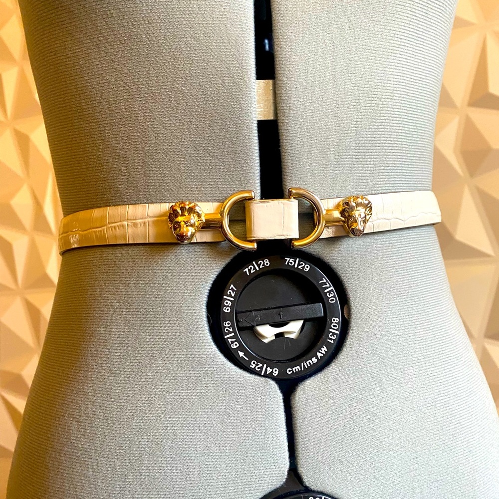 Maje white leather belt with lion’s head buckle